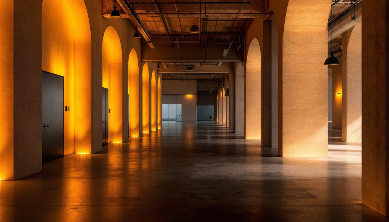 A photograph of capture a photograph of a modern industrial or commercial space illuminated by uplighting
