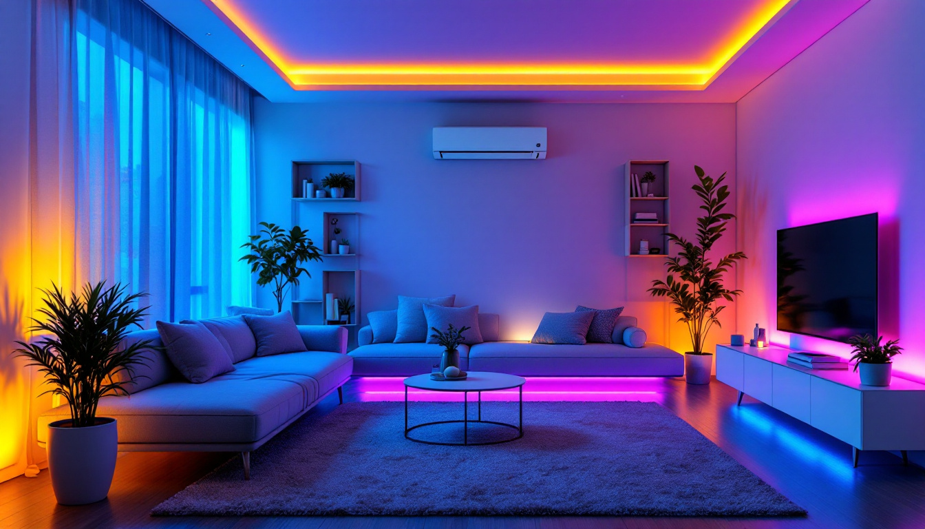 A photograph of a modern living space illuminated by vibrant led dimmable strips