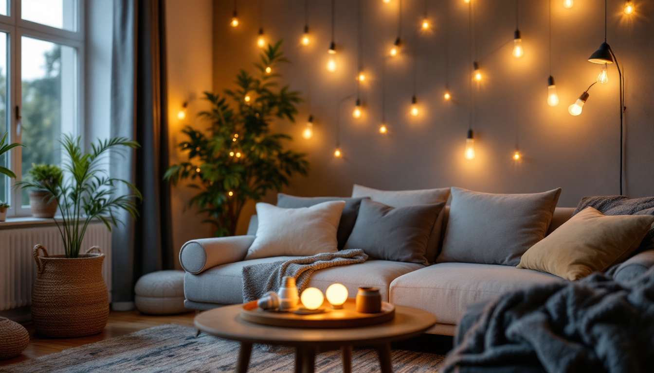 A photograph of a cozy living space featuring a variety of led dimmer light bulbs in use