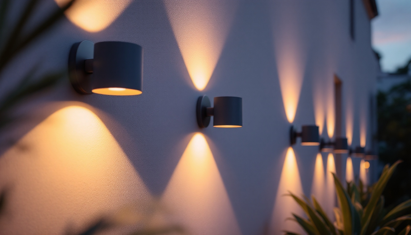 A photograph of a beautifully lit outdoor space showcasing a combination of stylish sconces and recessed lighting