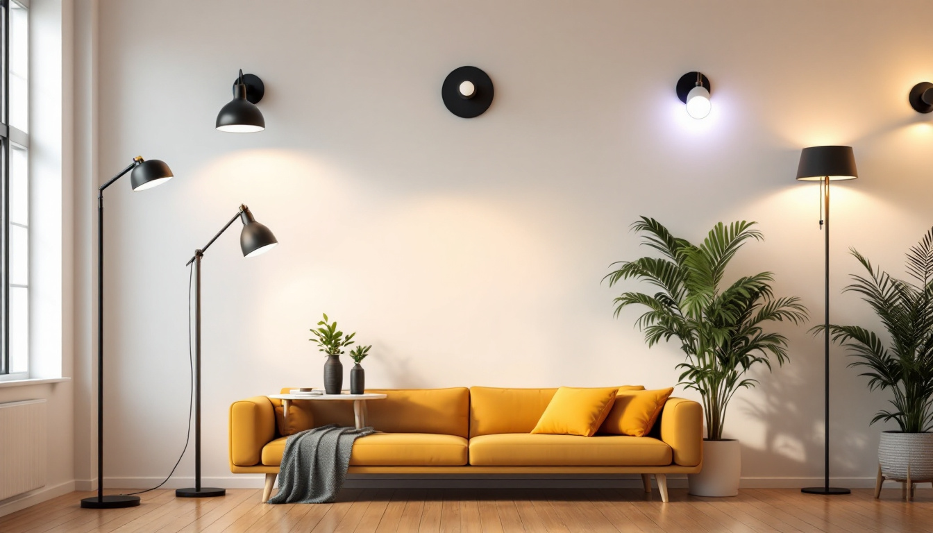 A photograph of a well-lit room showcasing a variety of lighting fixtures