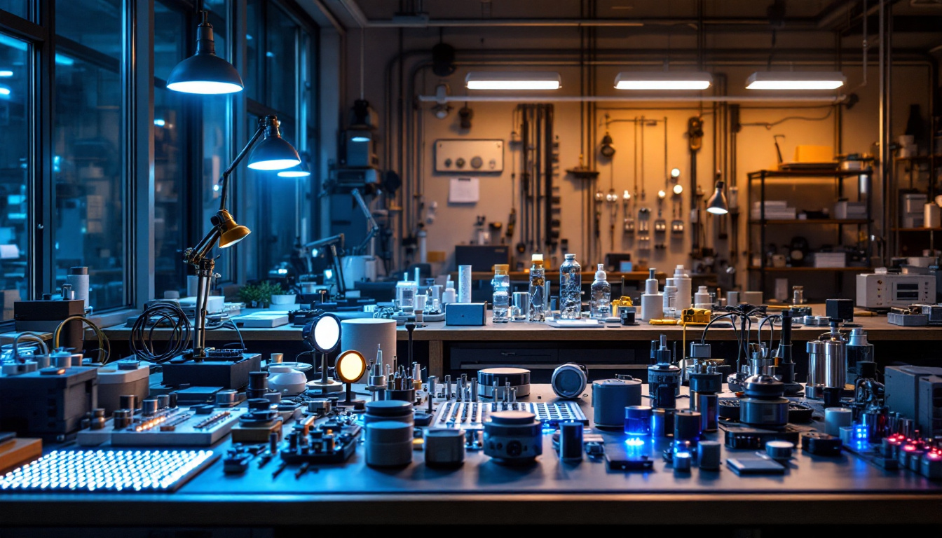A photograph of a well-lit workspace featuring a variety of led products and components