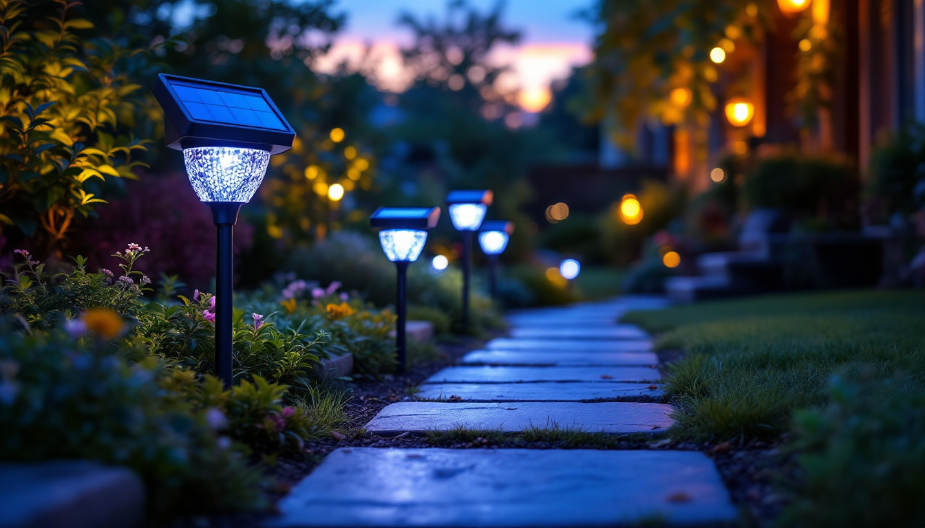 A photograph of a vibrant outdoor scene featuring various solar lights illuminating a garden or pathway at dusk
