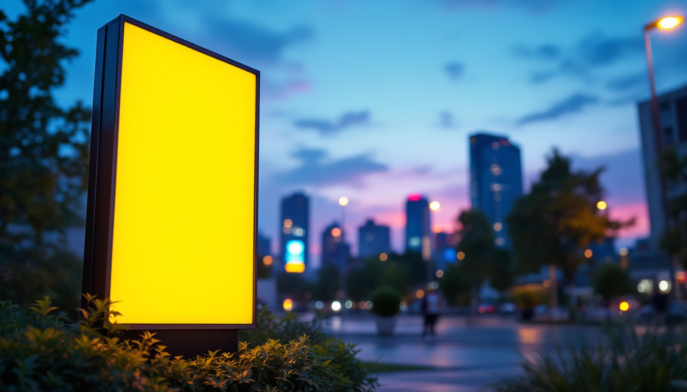 A photograph of a vibrant outdoor setting featuring a double-sided solar-powered led business sign illuminated at dusk