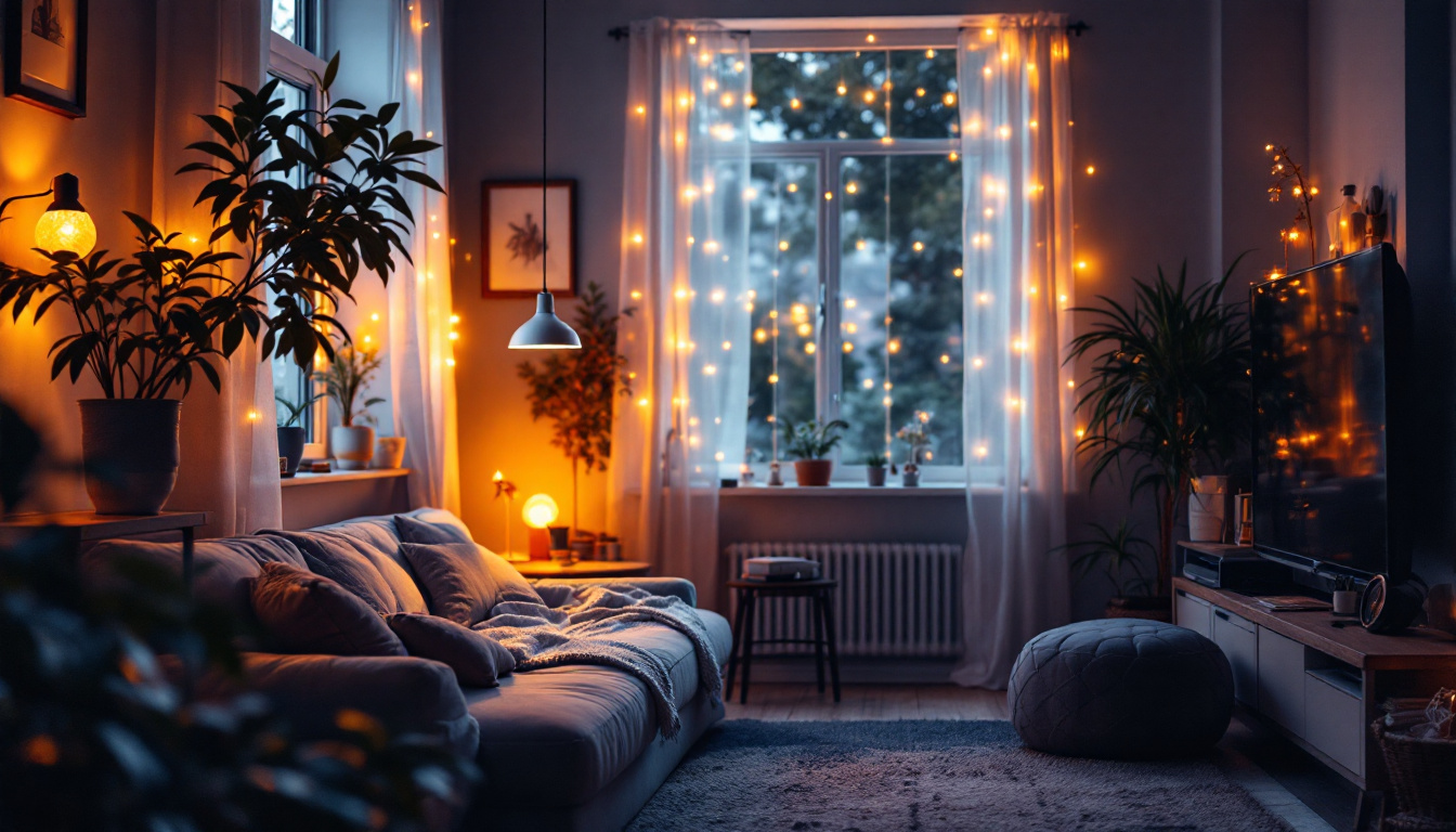 A photograph of a cozy indoor space illuminated by soft