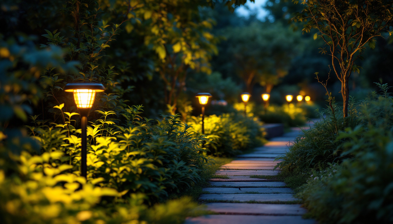 A photograph of a beautifully illuminated outdoor space featuring solar plant lights