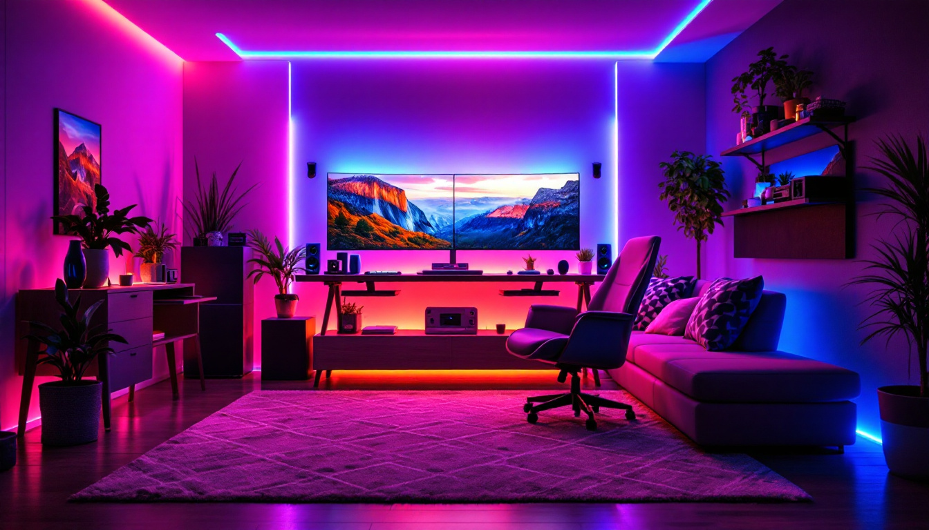 A photograph of a stylishly designed gamer room featuring vibrant led lighting that enhances the modern aesthetic