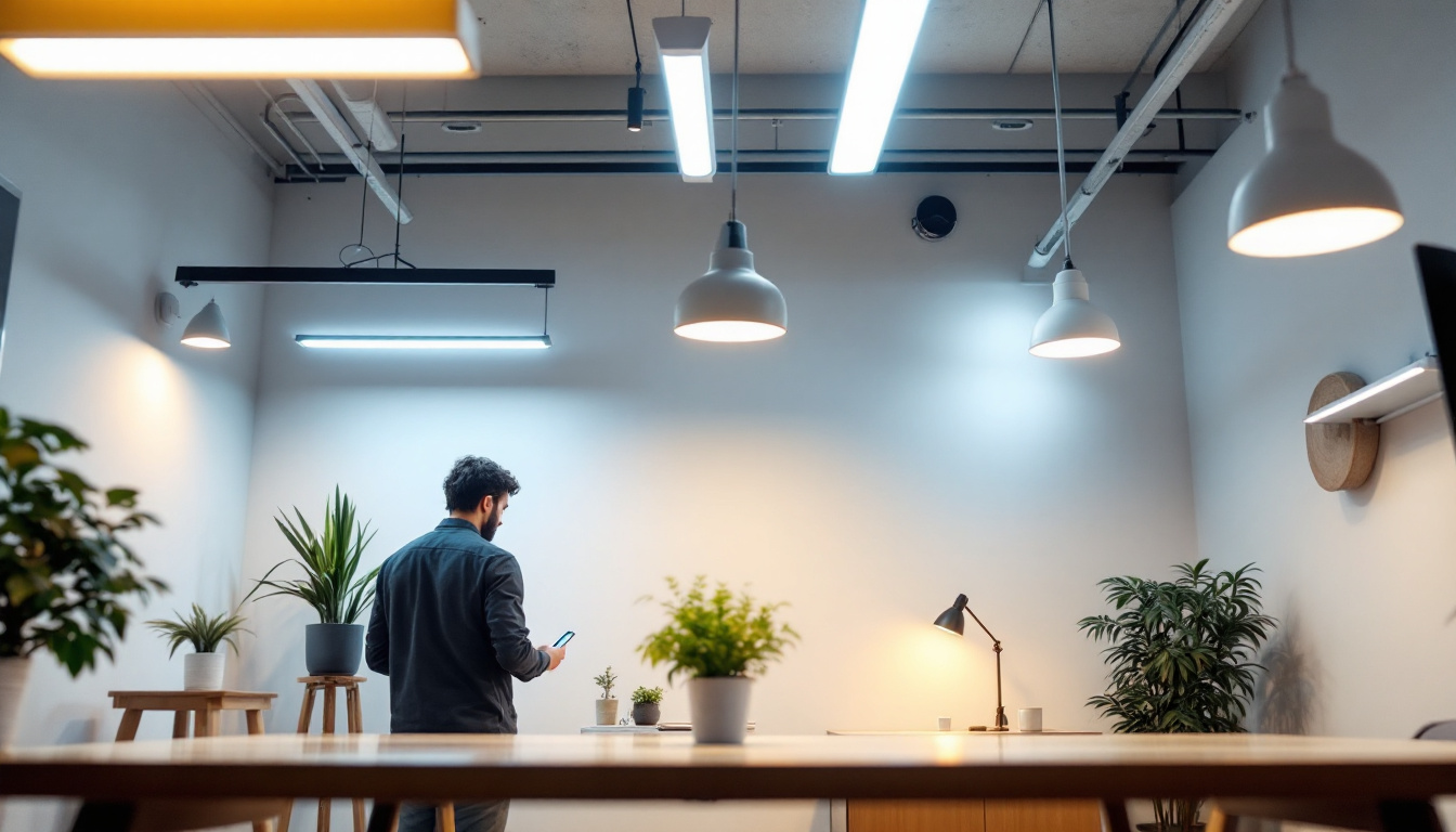 A photograph of a well-lit room showcasing a variety of led and fluorescent light fixtures in use