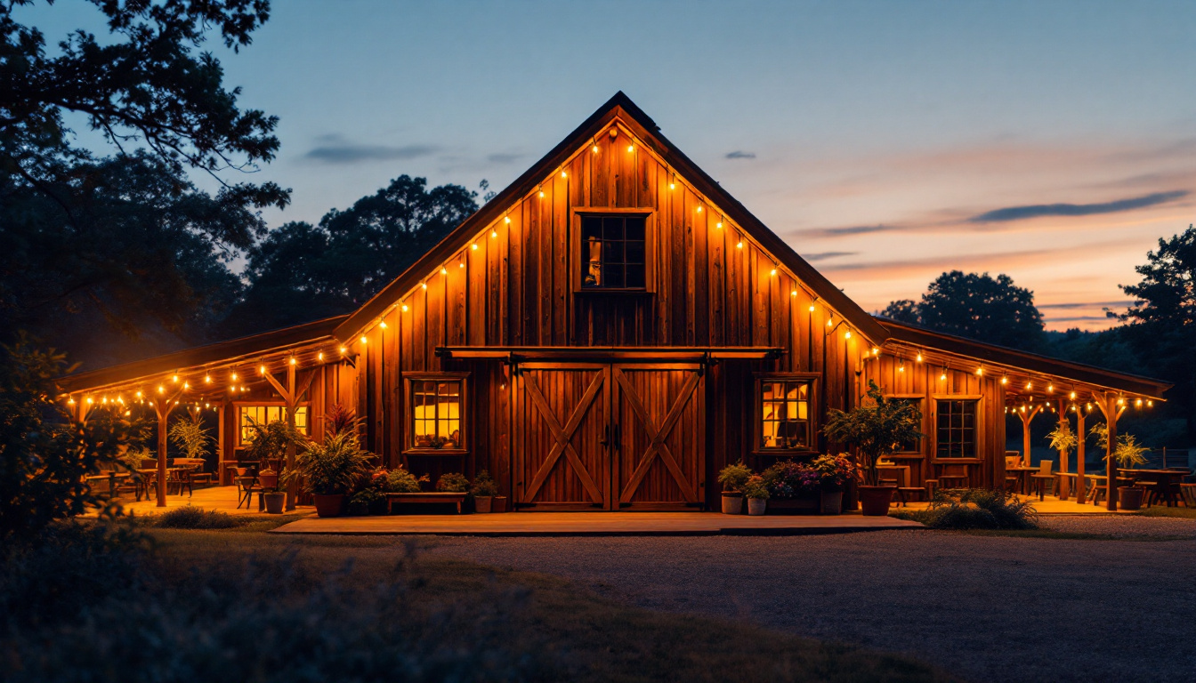 A photograph of a rustic barn illuminated by warm
