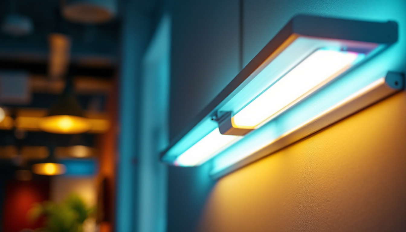 A photograph of a vibrant fluorescent light fixture illuminating a modern workspace