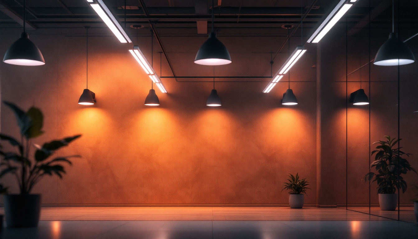 A photograph of a modern office space featuring sleek automatic lighting fixtures