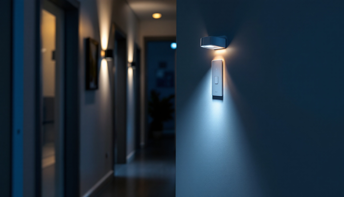 A photograph of a well-lit entryway featuring a modern sensor light switch in action