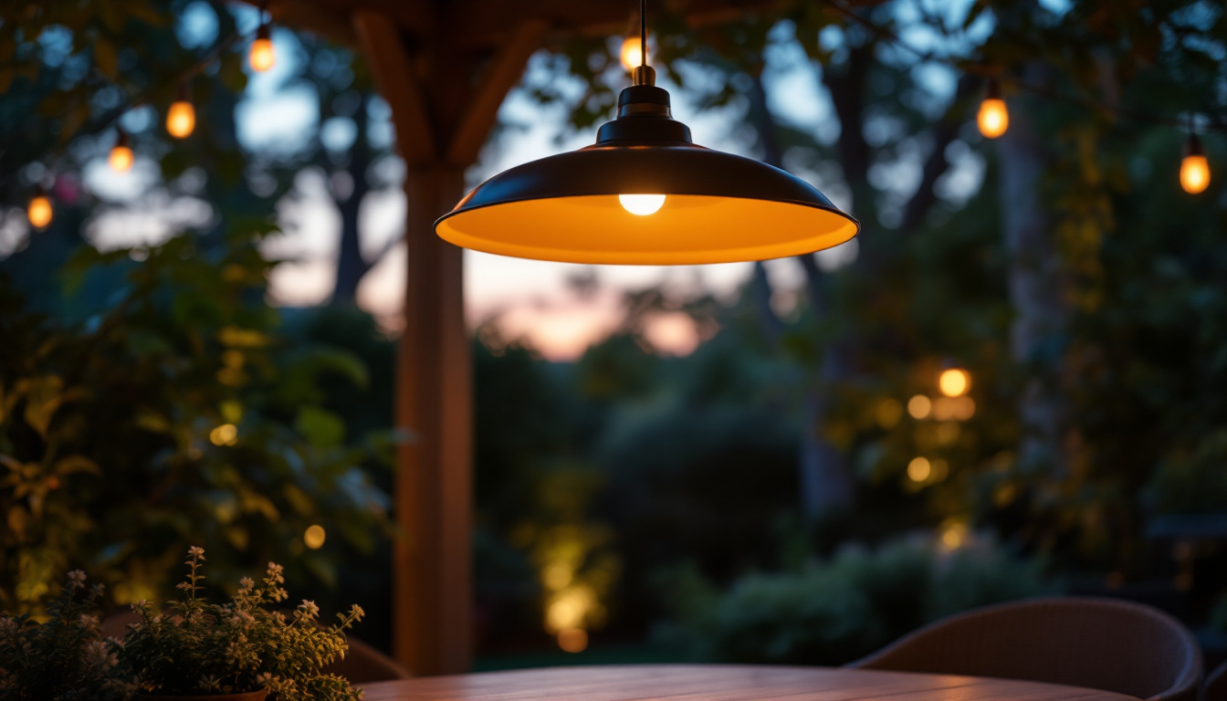 A photograph of a beautifully designed large outdoor pendant light hanging in a well-lit garden or patio setting during twilight