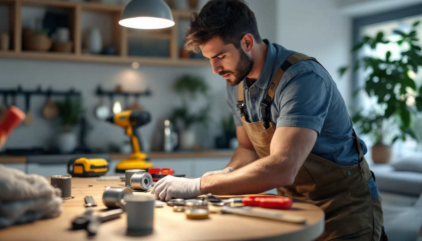 A photograph of a skilled diy enthusiast installing a can light conversion kit in a modern home setting