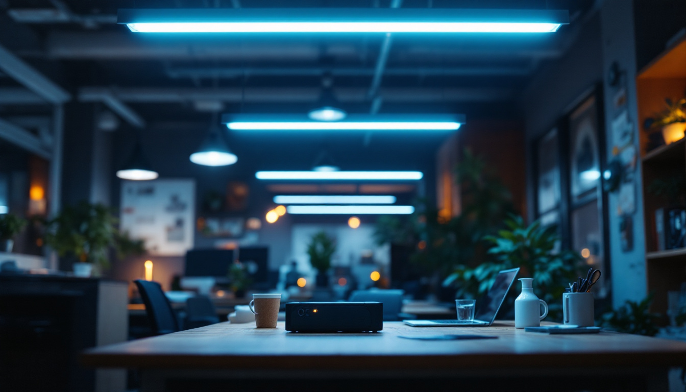 A photograph of a well-lit workspace featuring fluorescent lighting with a focus on the ballast