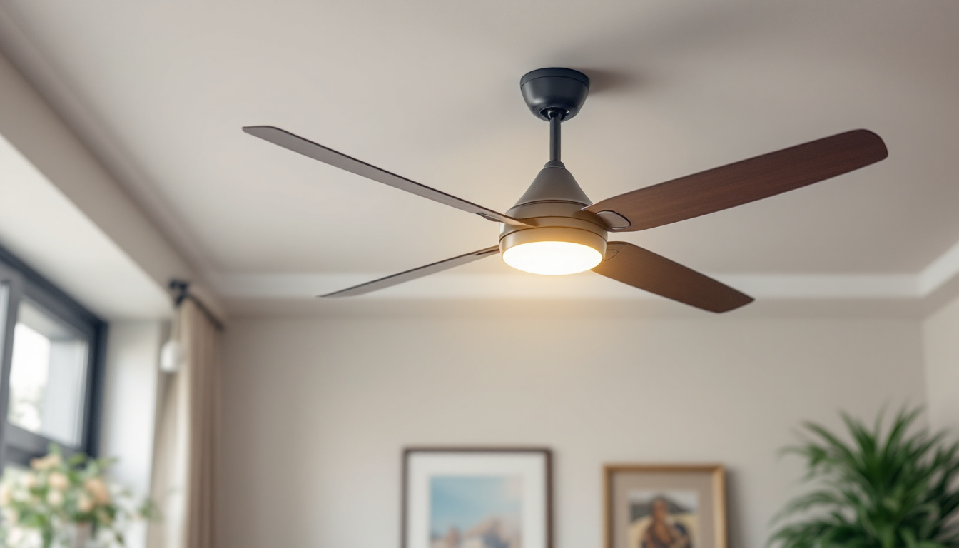 A photograph of a stylishly designed ceiling fan with an integrated light switch in a contemporary living space