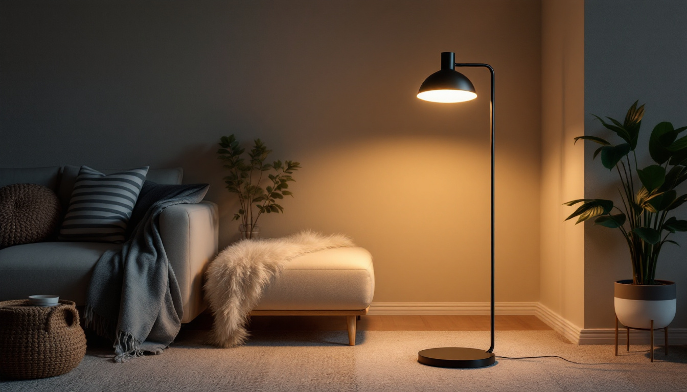 A photograph of a stylish and modern lighting floor lamp in a cozy living room setting