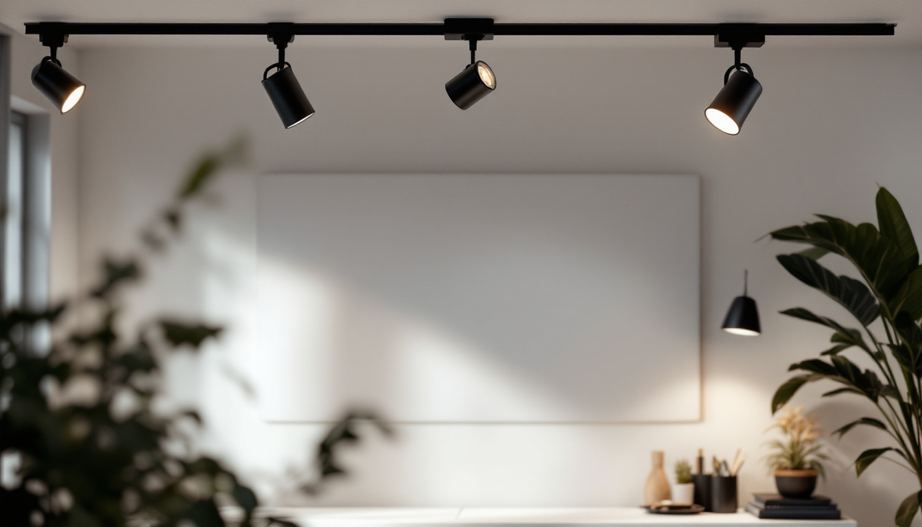 A photograph of a stylishly illuminated room featuring various track light fixtures in use