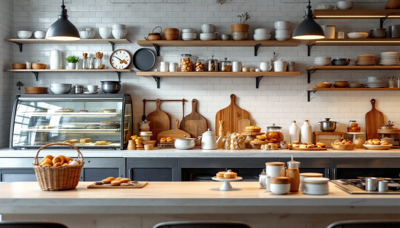 A photograph of a well-organized bakery workspace featuring essential fixtures like display cases