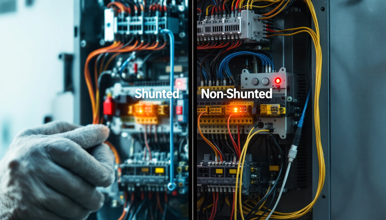 A photograph of a split image showcasing a shunted electrical system on one side