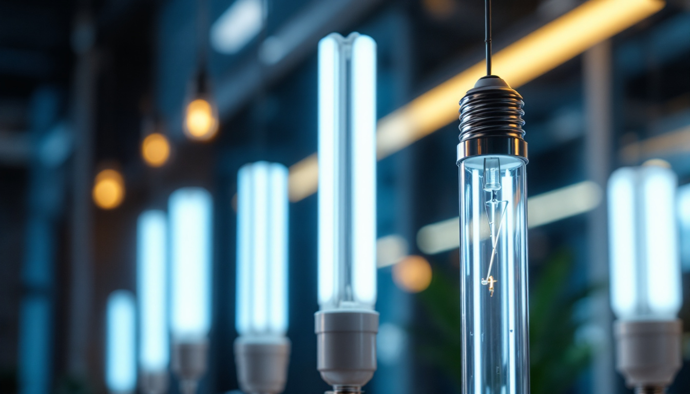 A photograph of a close-up shot of various lengths of fluorescent bulbs illuminated in a well-lit environment