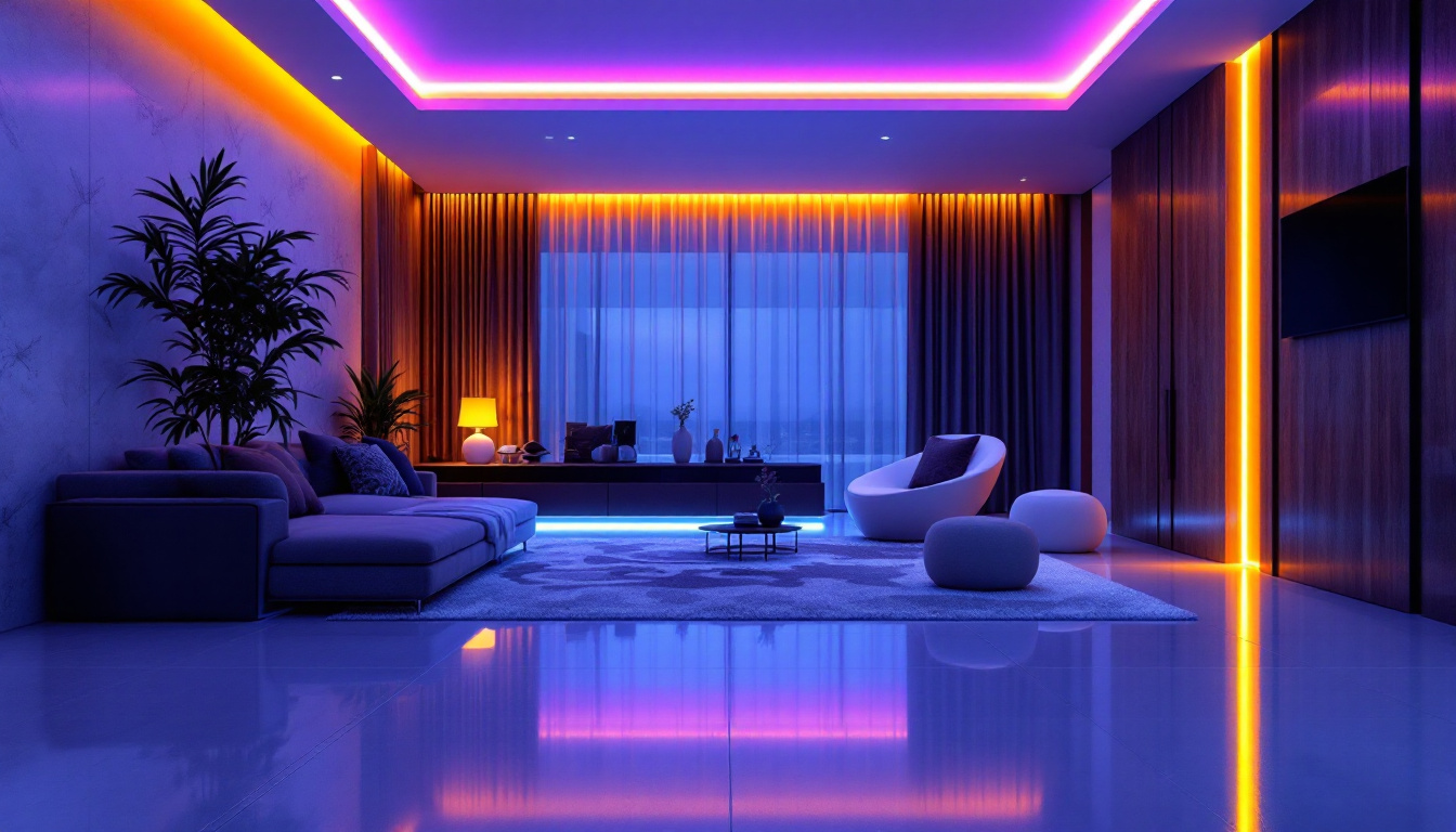 A photograph of a stylishly designed interior space illuminated by vibrant led tape lights with diffusers