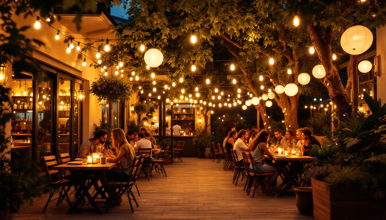 A photograph of a beautifully illuminated outdoor space featuring white hanging string lights