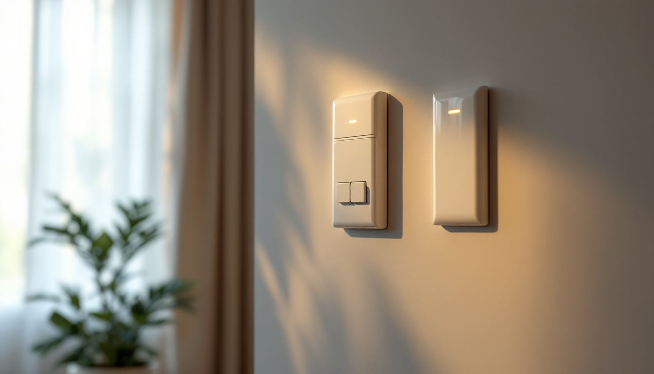 A photograph of a well-lit room featuring various types of light switches