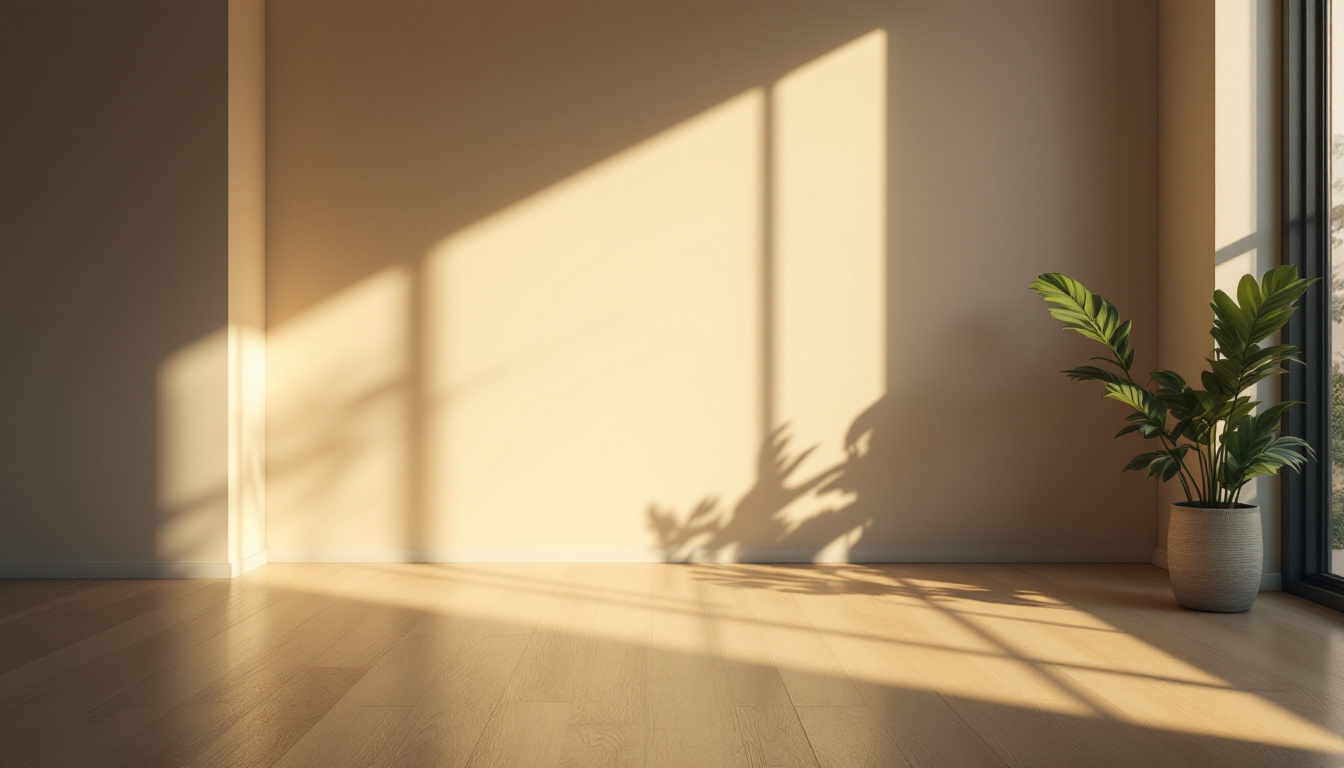 A photograph of a well-lit interior space showcasing the striking effects of direct lighting on various surfaces