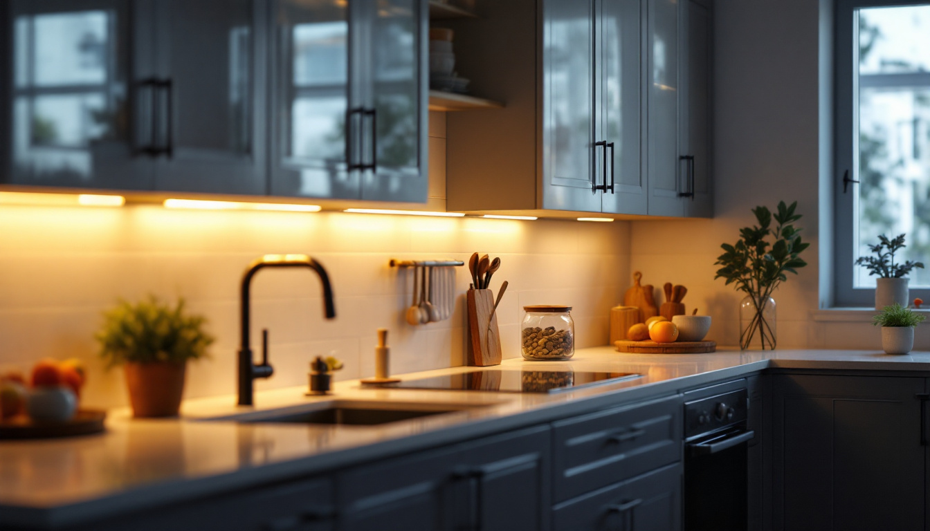 A photograph of a beautifully illuminated kitchen featuring stylish under-cabinet lighting