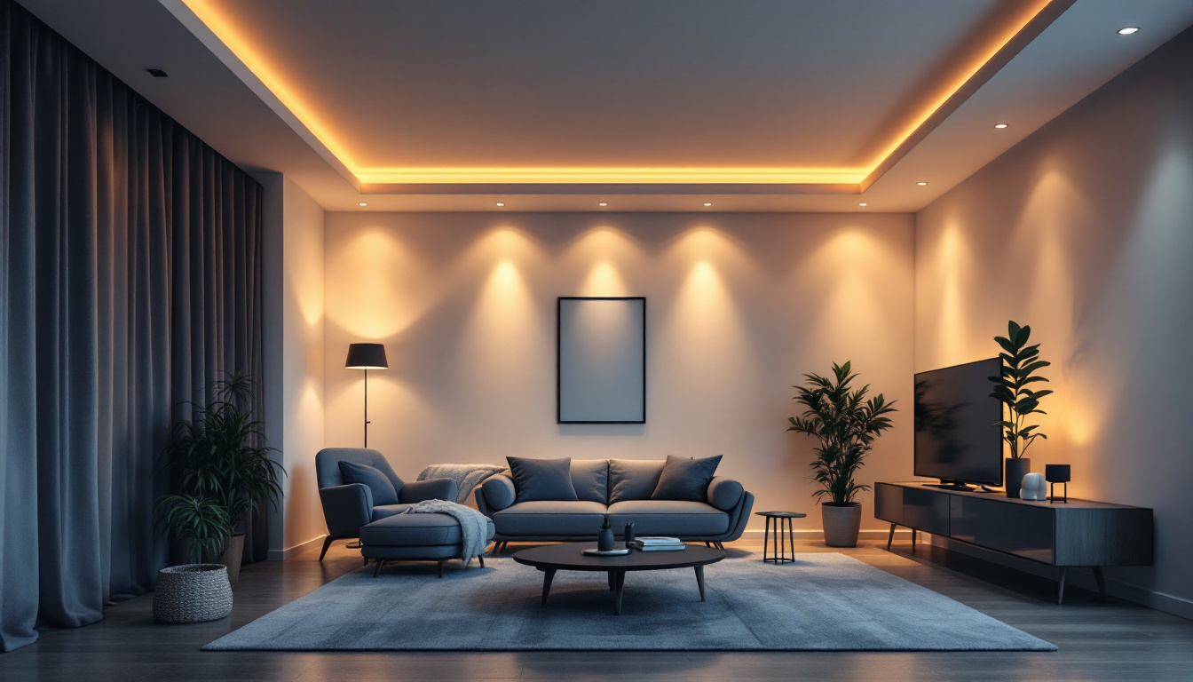 A photograph of a modern living space featuring flush-mounted led lights