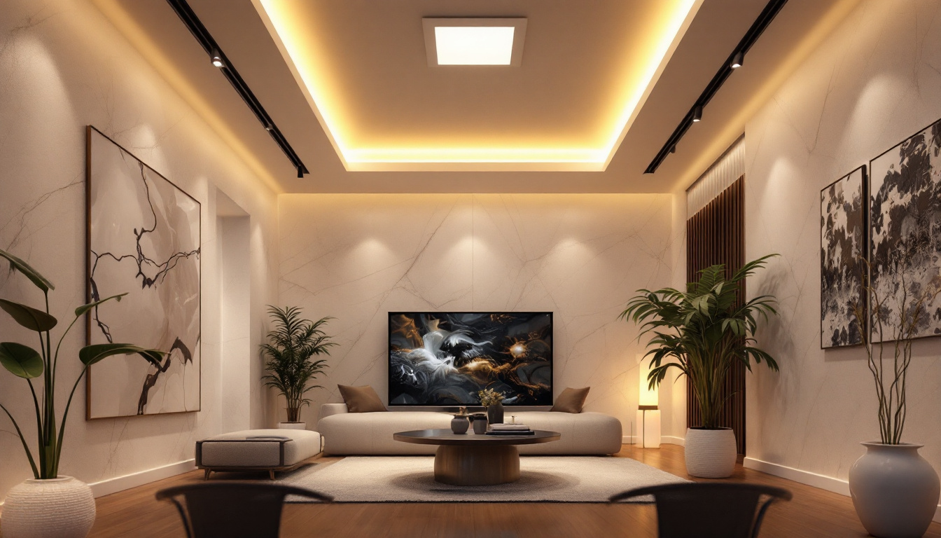 A photograph of a stylishly designed room featuring recessed square lights that highlight the unique architectural elements and ambiance