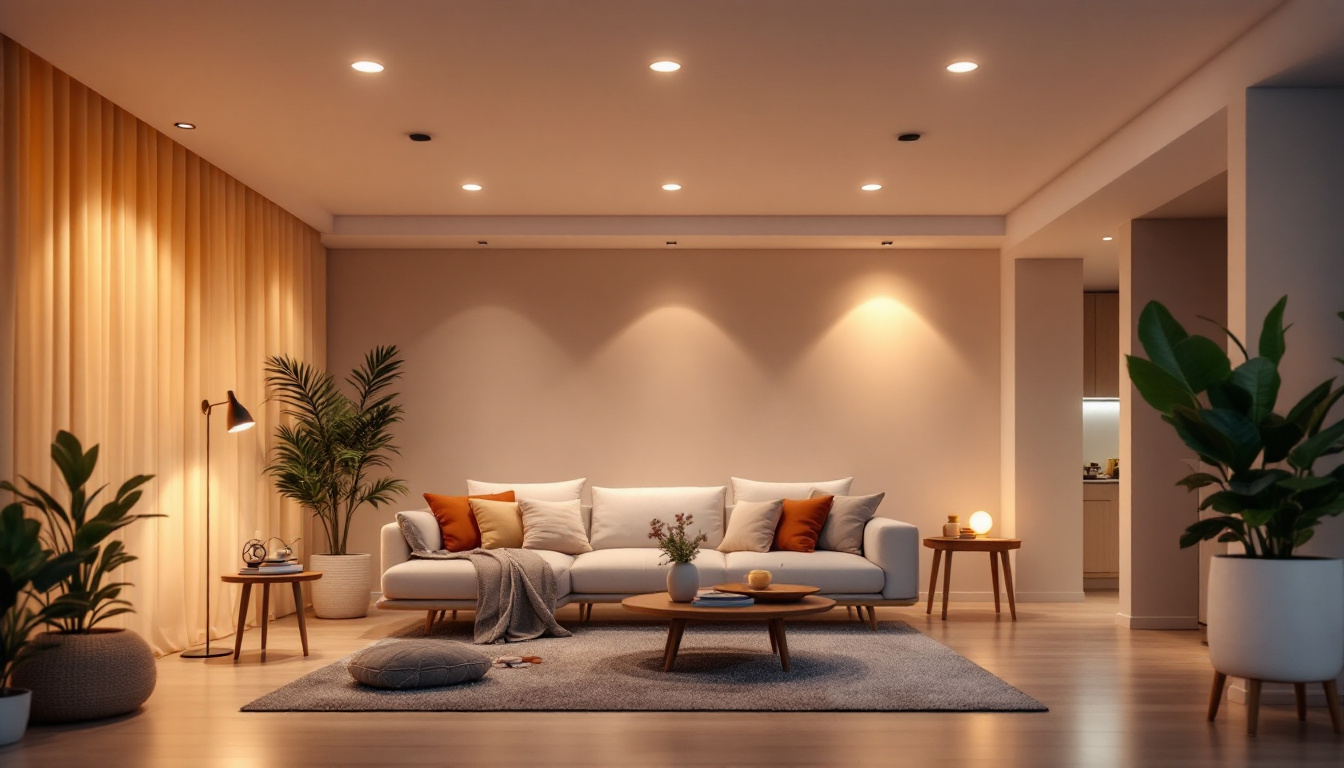 A photograph of a beautifully designed living space featuring various styles of recessed lighting
