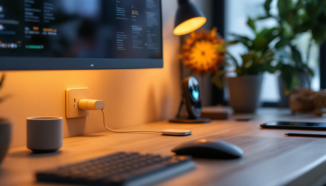 A photograph of a modern workspace featuring a sleek plug-in switch in action