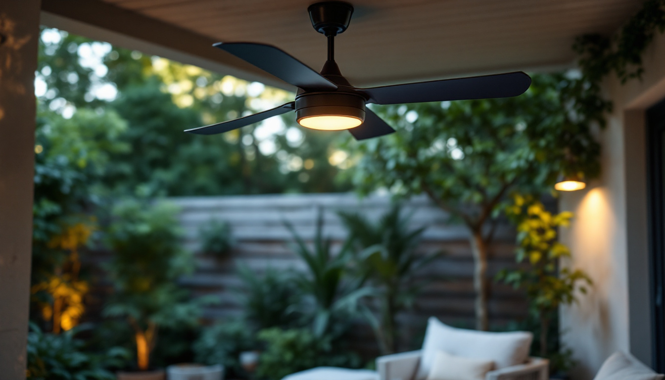A photograph of a stylish outdoor ceiling fan installed in a beautifully designed patio or garden setting