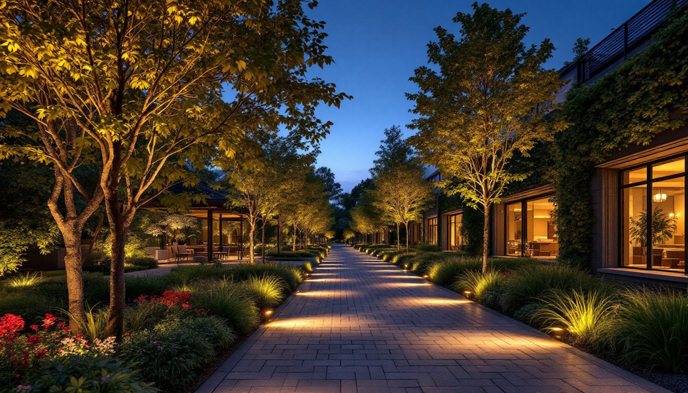 A photograph of a beautifully illuminated outdoor space at dusk