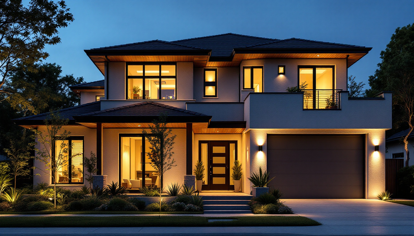 A photograph of a beautifully illuminated exterior of a modern house at dusk