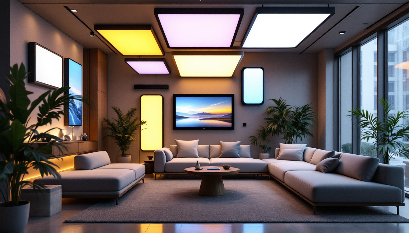 A photograph of a modern interior space showcasing a variety of innovative light panel designs in use