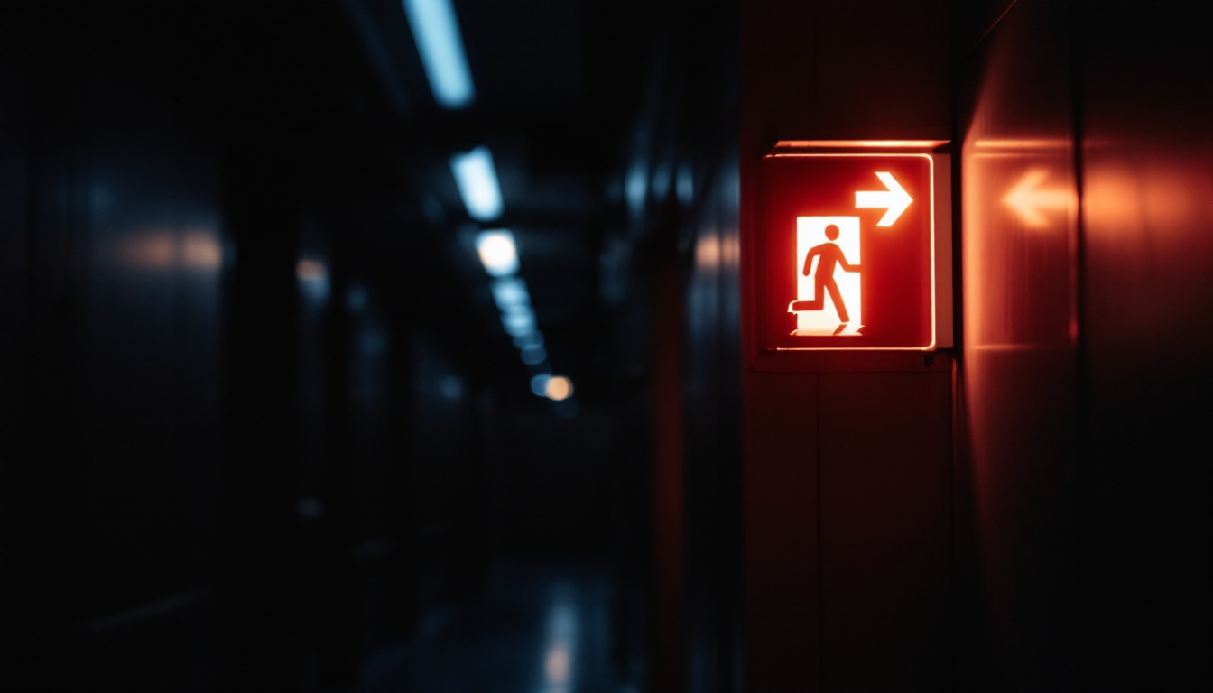 A photograph of a well-lit emergency exit sign with battery backup illuminated in a dimly lit corridor