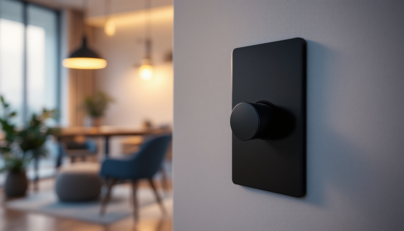 A photograph of a sleek black dimmer switch in a modern