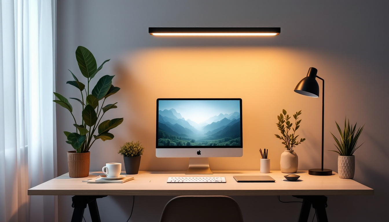 A photograph of a modern workspace or living area illuminated by sleek