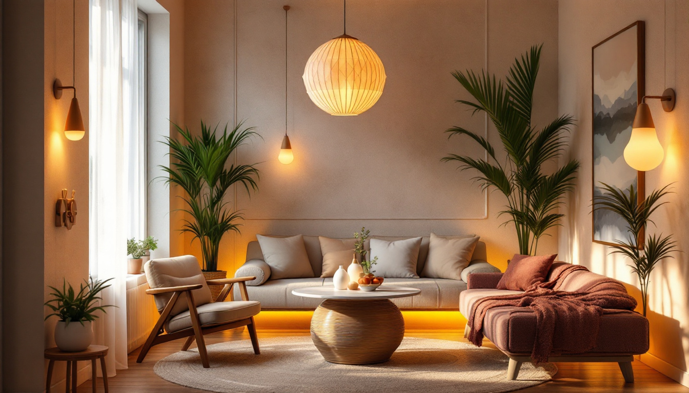 A photograph of a beautifully designed interior space illuminated by warm