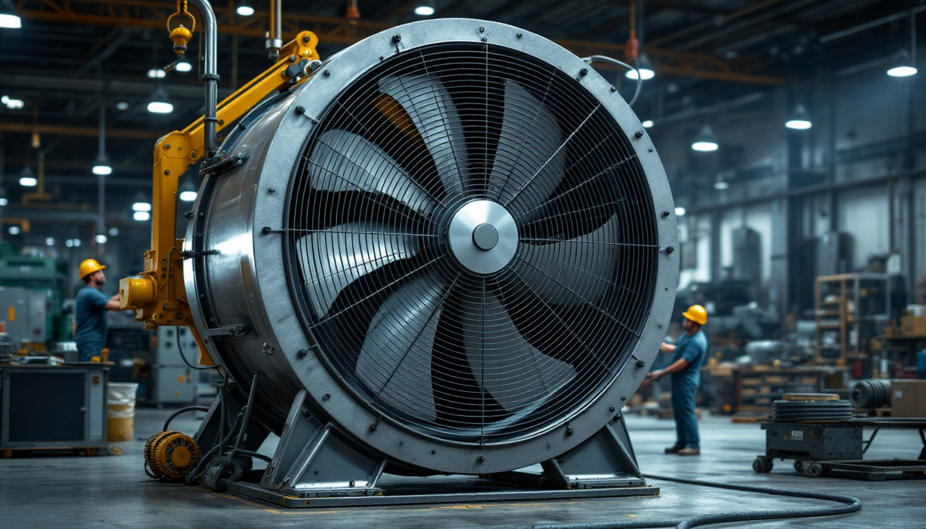 A photograph of a robust industrial heavy-duty fan in a working environment