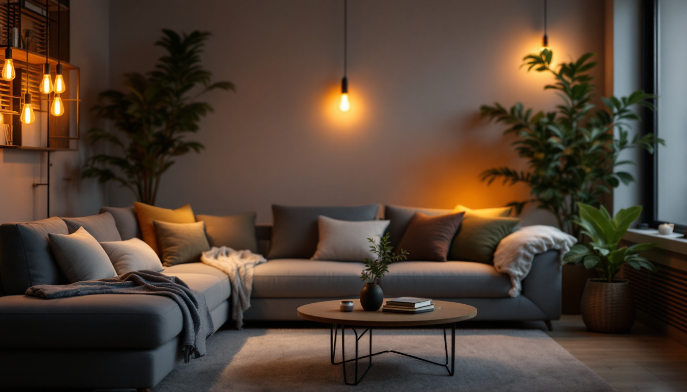 A photograph of a modern living space featuring stylish can light bulbs in various settings