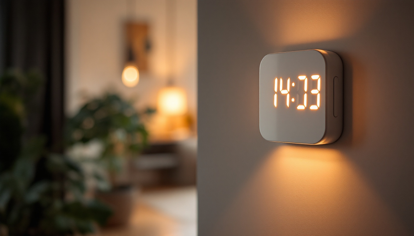 A photograph of a modern digital light timer installed in a stylish residential or commercial setting