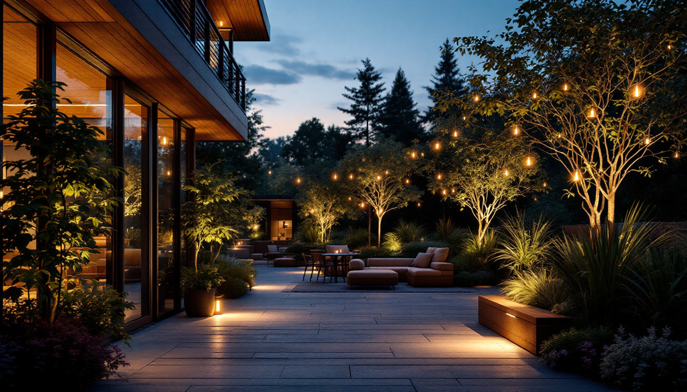 A photograph of a beautifully illuminated outdoor space at dusk