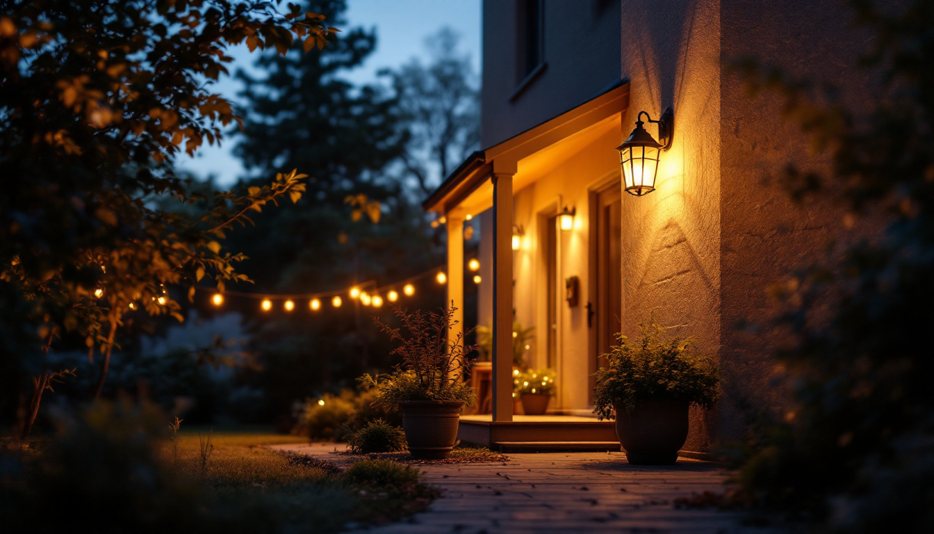 A photograph of a warmly lit porch at dusk