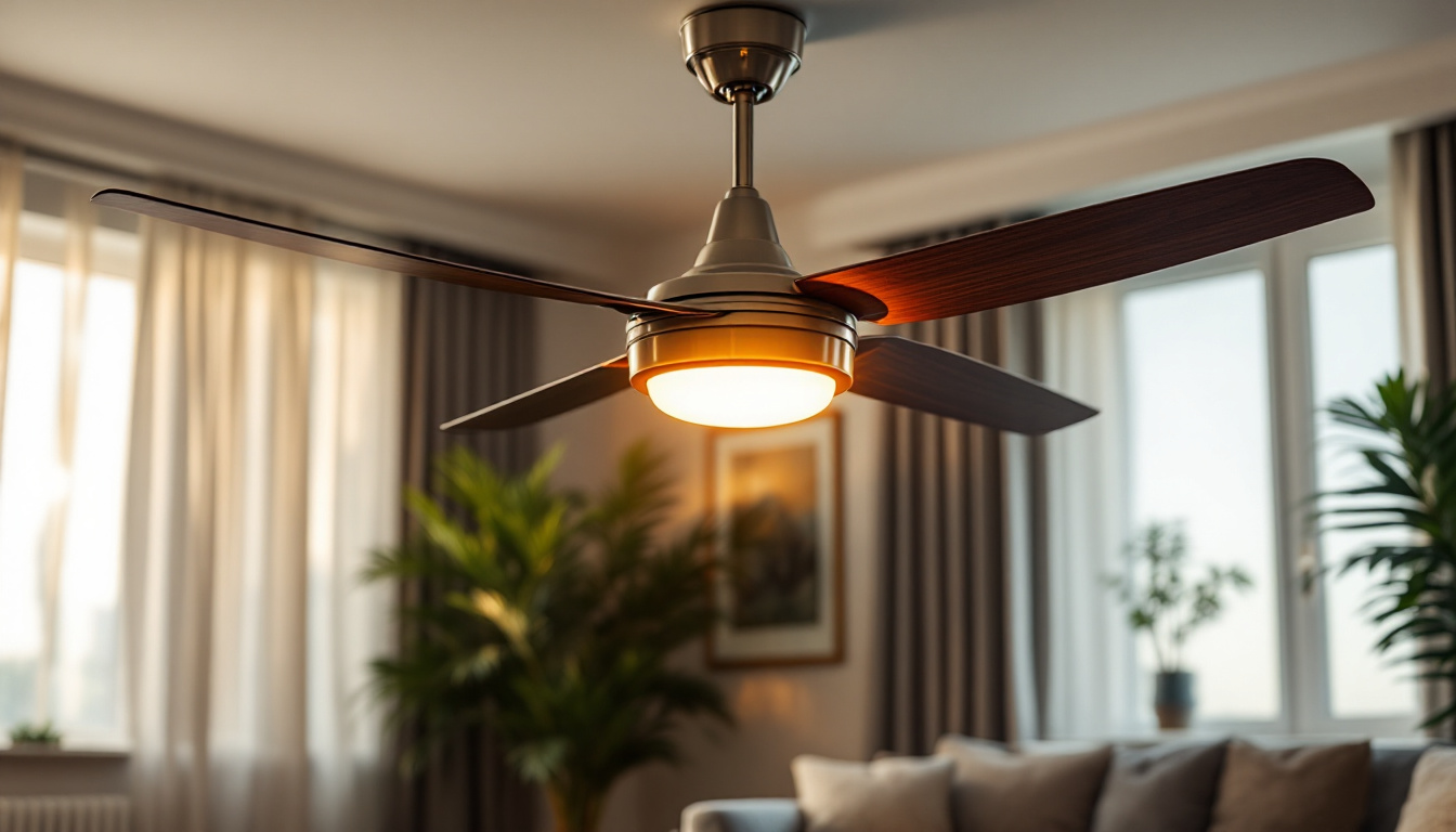 A photograph of a stylish ceiling fan with an integrated light kit in a well-decorated living room setting