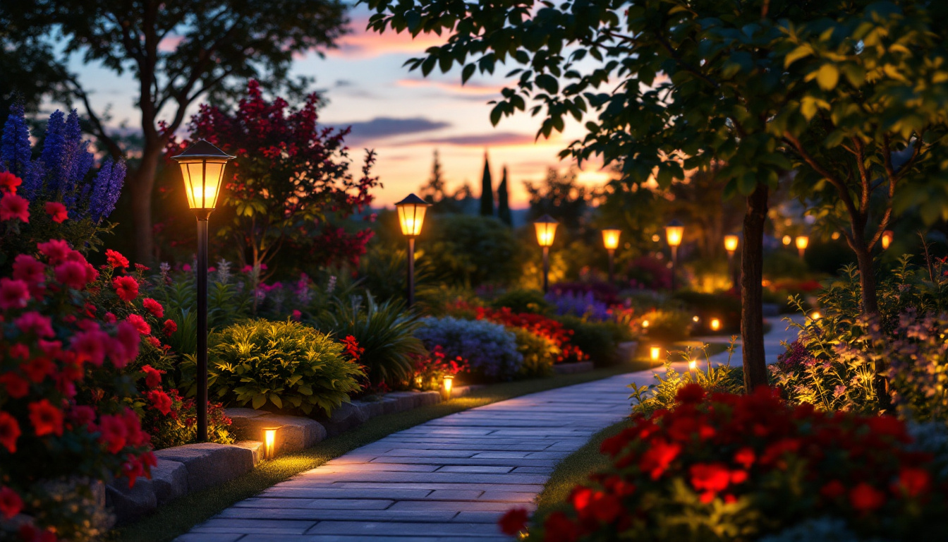 A photograph of a beautifully landscaped garden illuminated by solar-powered lights at dusk