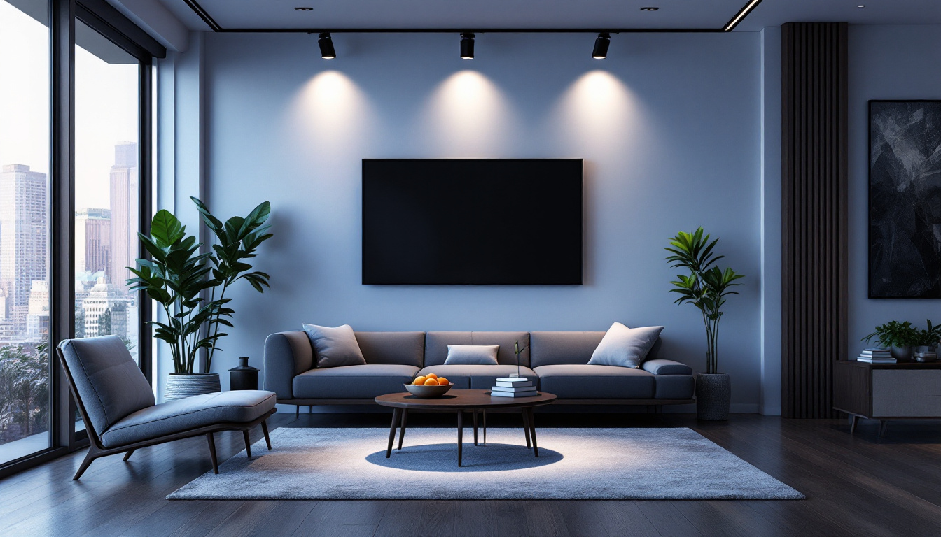 A photograph of a modern living space featuring sleek low profile track lighting that highlights key areas